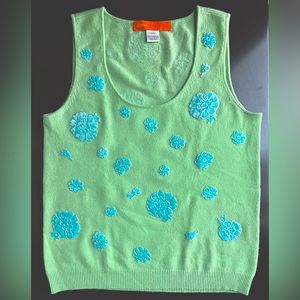 Cynthia Steffe Sleeveless Cashmere Top, Scoop Neck, Green w/ Blue Beaded Flowers